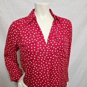 Ann Taylor Long Sleeve Red With White Polka Dot Camp Shirt Small Petite
